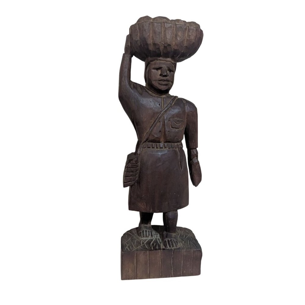 Vintage 1960s Hand Carved‎ Gum Wood Statue Market Woman Basket Head Folk Art